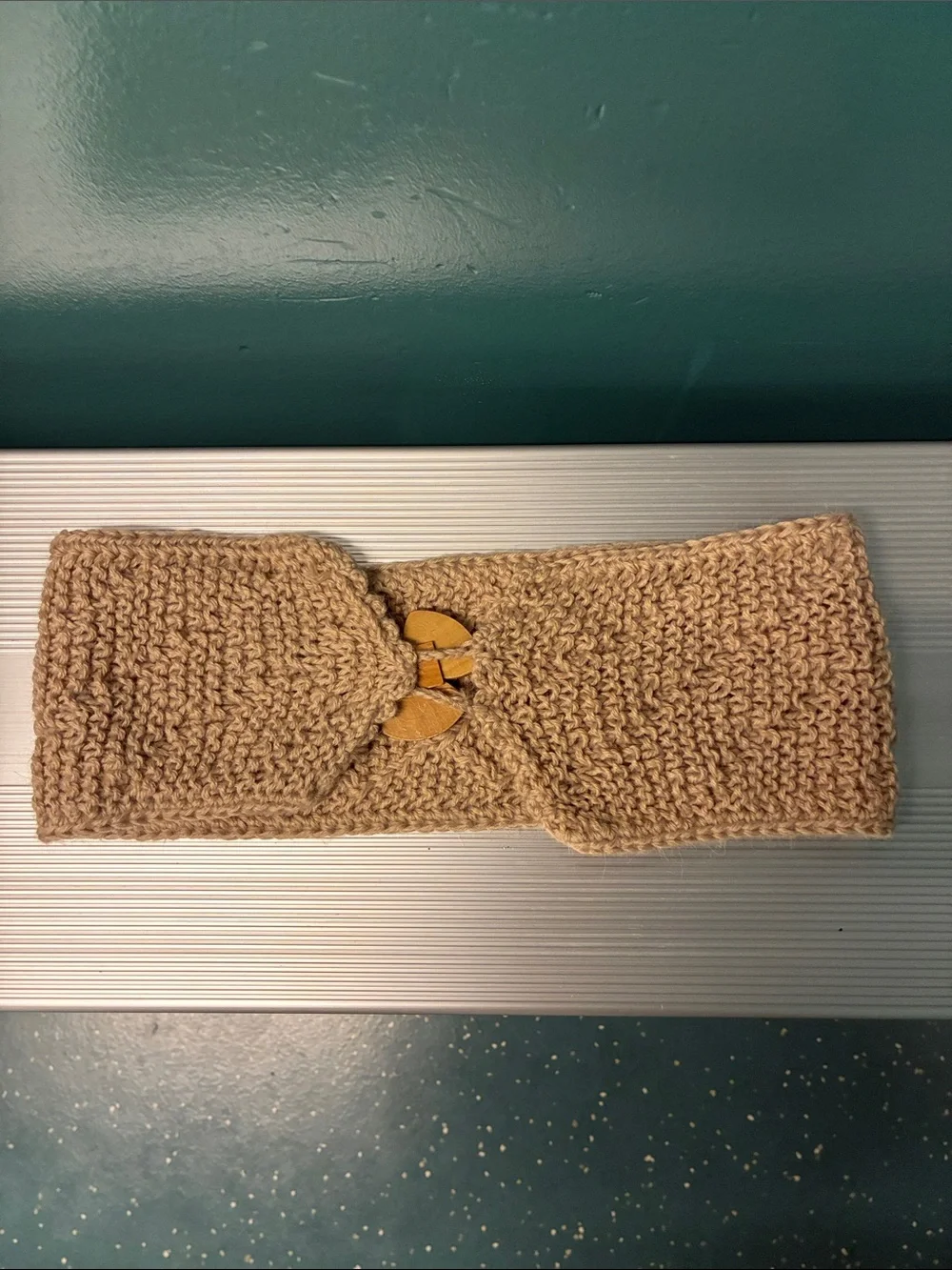 Hand Knit wool scarf with wooden button from Peru Beige Tan bonus red/teal